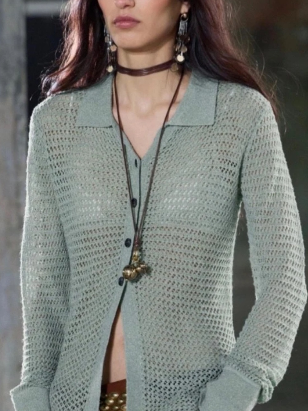 Zara Light Sage Open-Knit Collared Cardigan Sweater